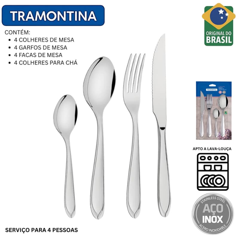 Jogo de talheres Faqueiro Tramontina Laguna 16 PCS Aço Inóx