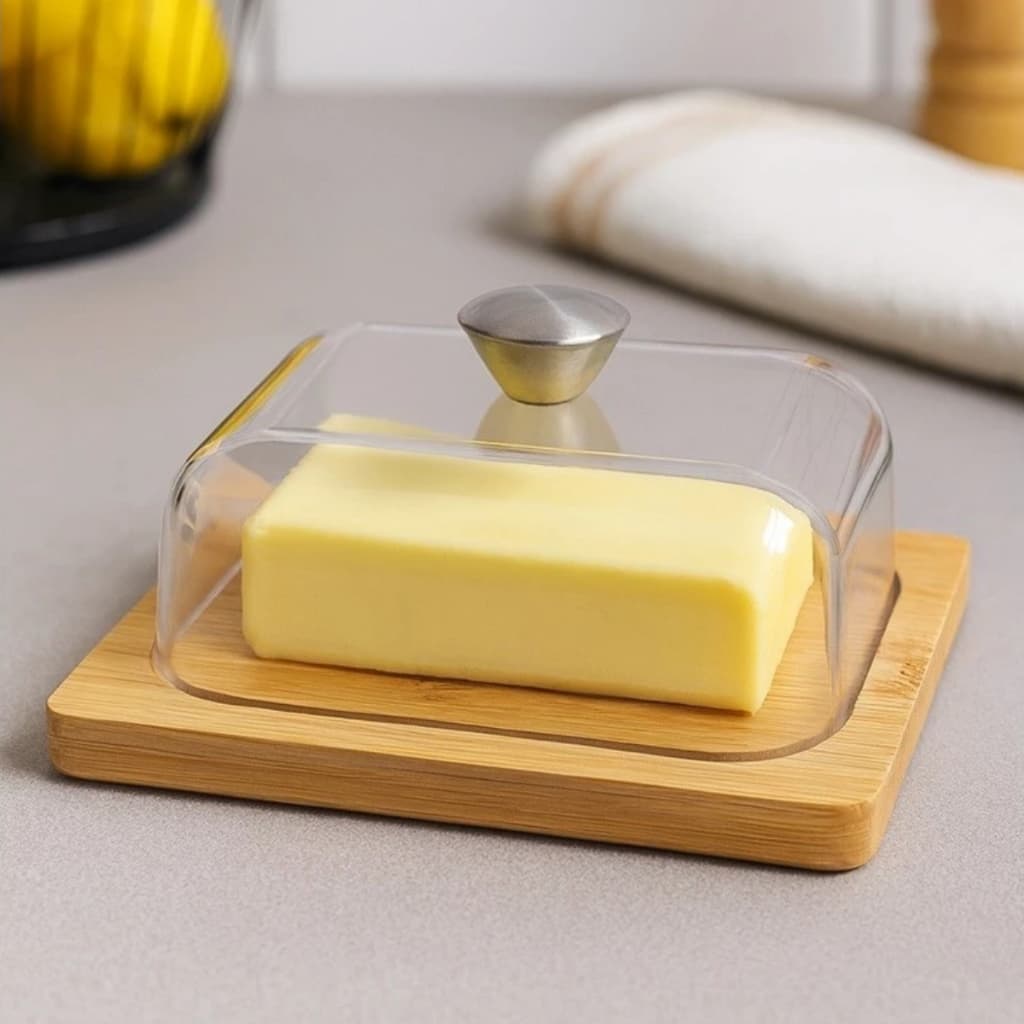 Manteigueira com Tampa de Acrílico e Base de Bambu – Elegante e Prática