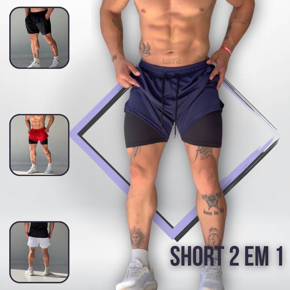 Kit 2 Bermudas Masculinas Fitness 2 em 1 com Bolso Interno