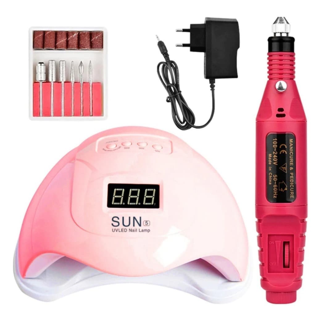 Cabine Sun 5 48w + Lixadeira Elétrica Motor S8 Alongamento Unhas Profissional