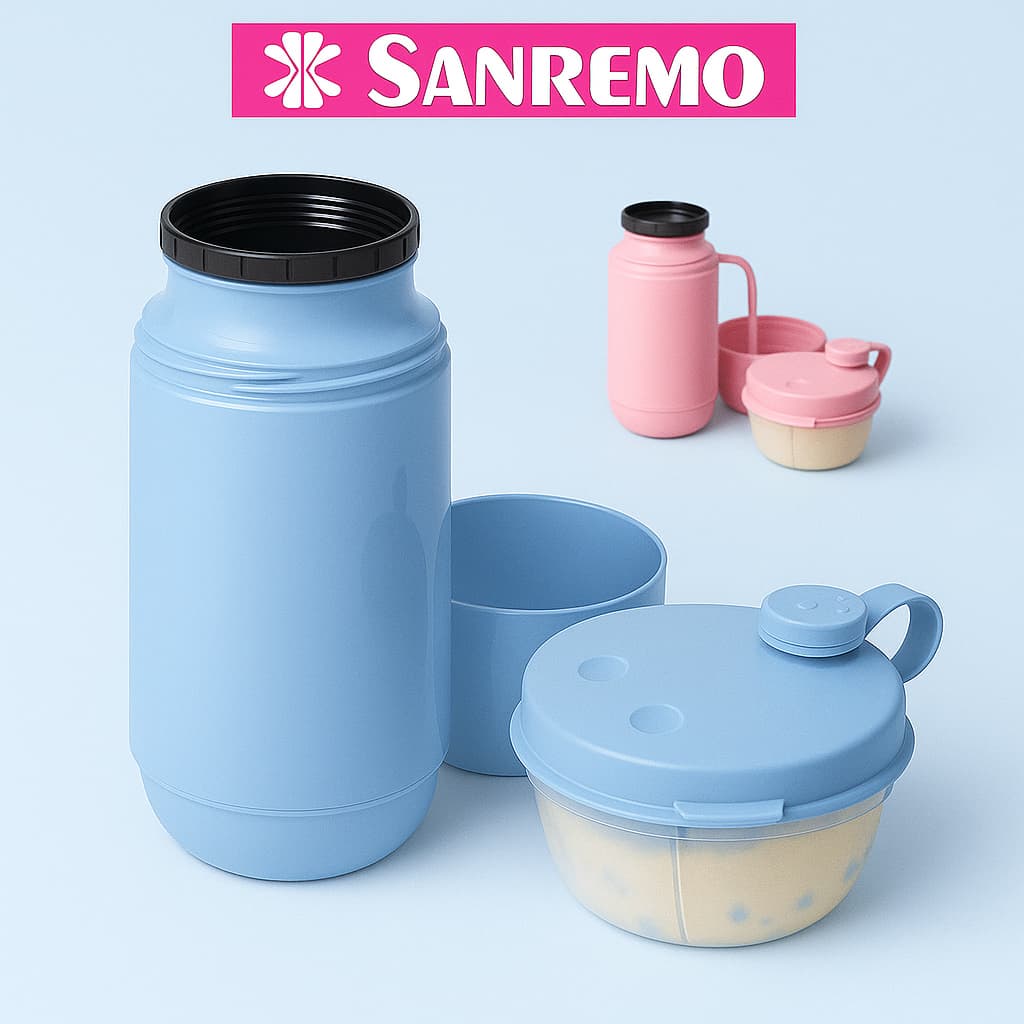 Kit Garrafa Térmica Infantil Sanremo 250ml 6h Quente 12h Gelada + Pote Dosador 280ml