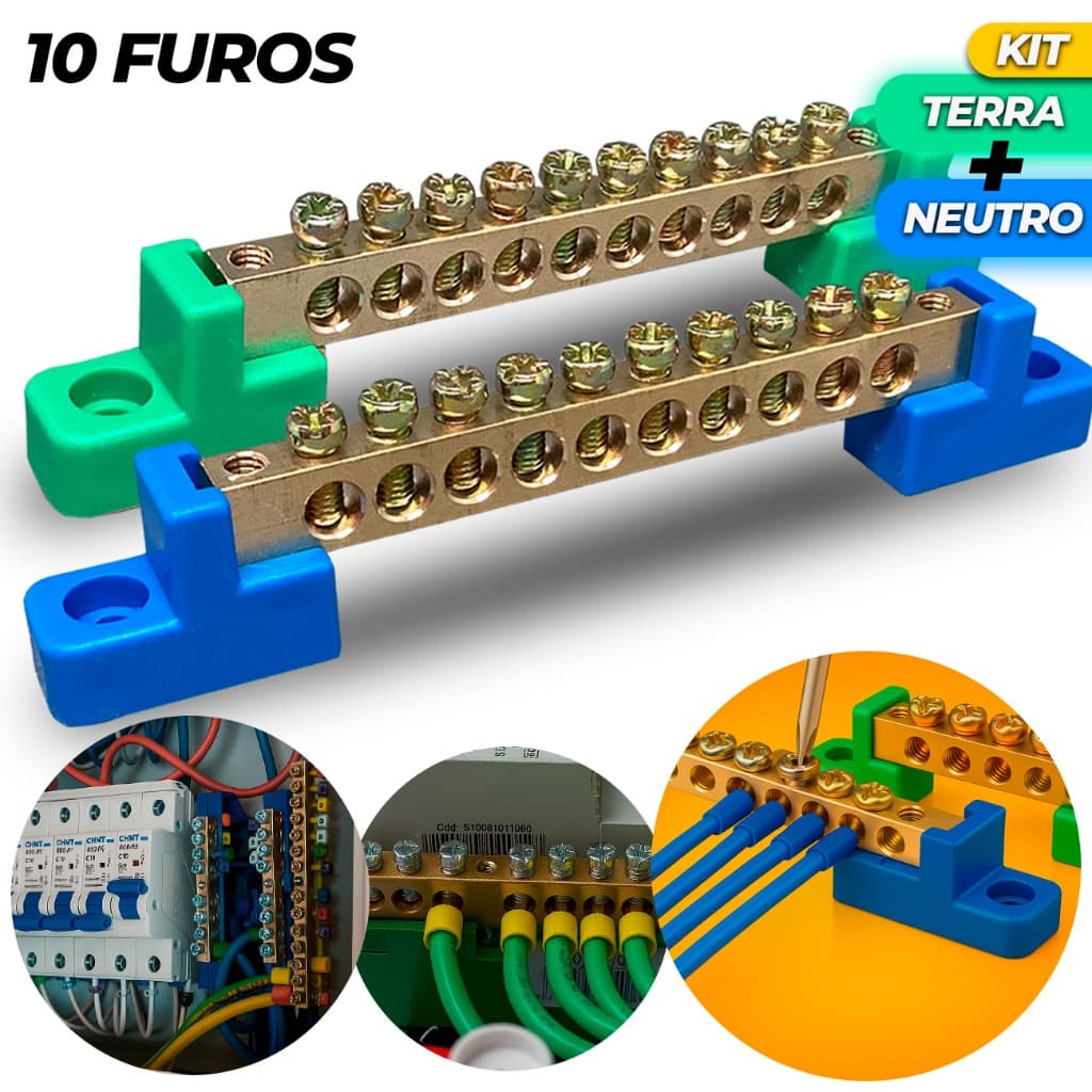 Kit Barramento Neutro e Terra 10 Furos Fixação Parafuso Barra Distribuição Borneira 10 Bornes Polos