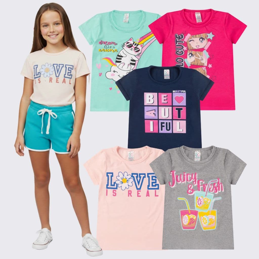 Combo 5 Camisetas Juvenil Menina Manga Curta Feminino Verão