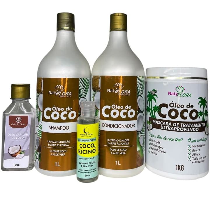 Kit Capilar Óleo de Coco e Óleo Capilar de Coco com Rep. de Coco & Rícino NatyFlora e Cabelo Feito