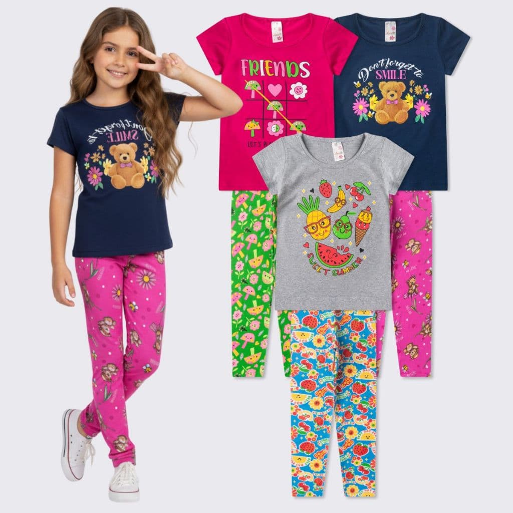 Kit 6 Peças 3 Conjuntos Menina Calça Legging Roupa Infantil Verão
