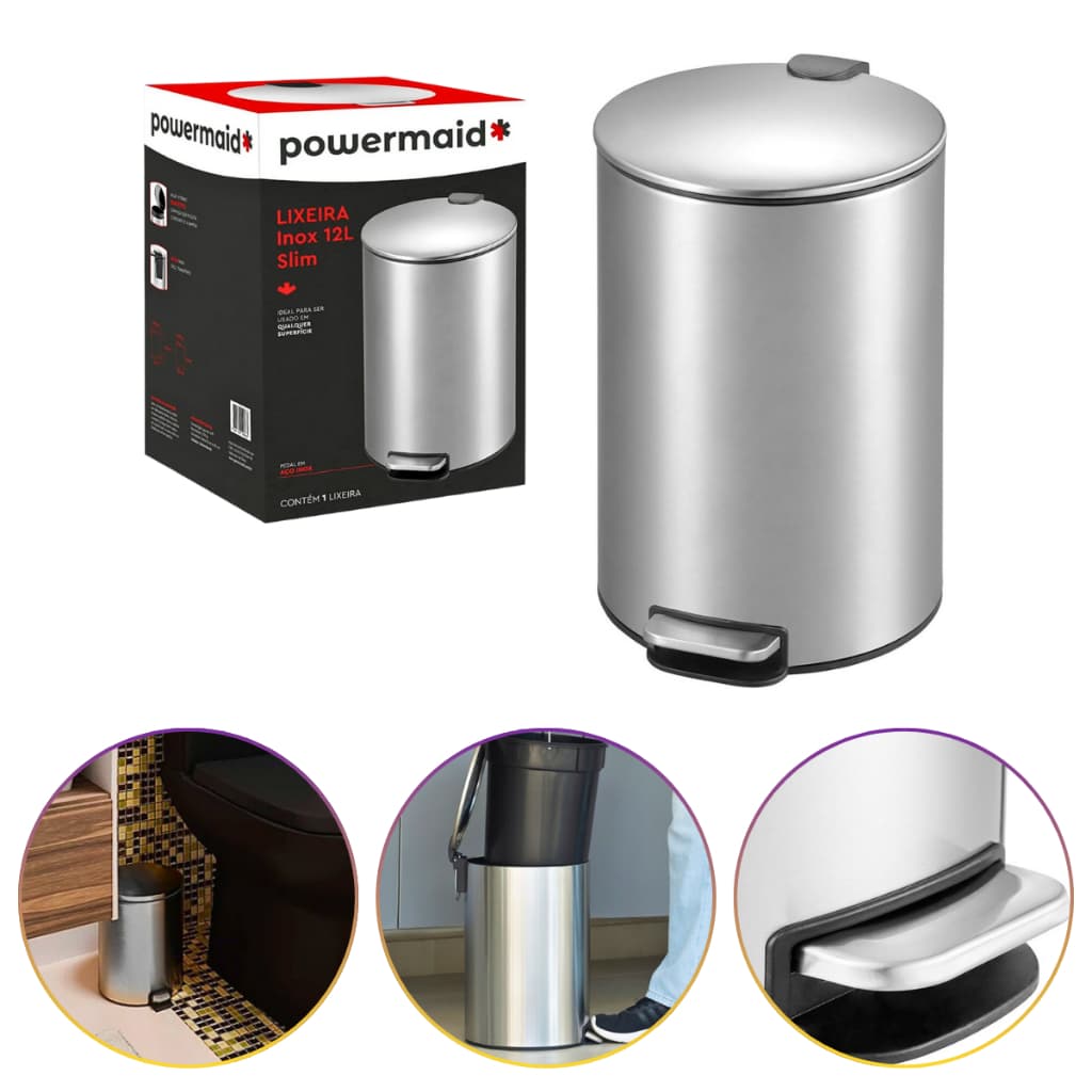 Lixeira de Inox Escovado Slim 12 Litros Com Pedal Balde Removível Para Banheiro Cozinha Powermaid