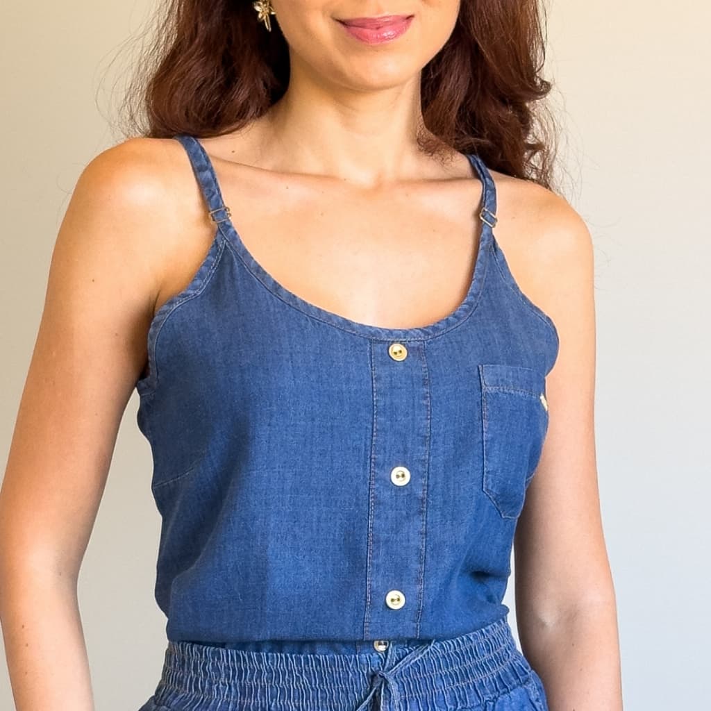 Blusa jeans feminina verão de alcinha e botões