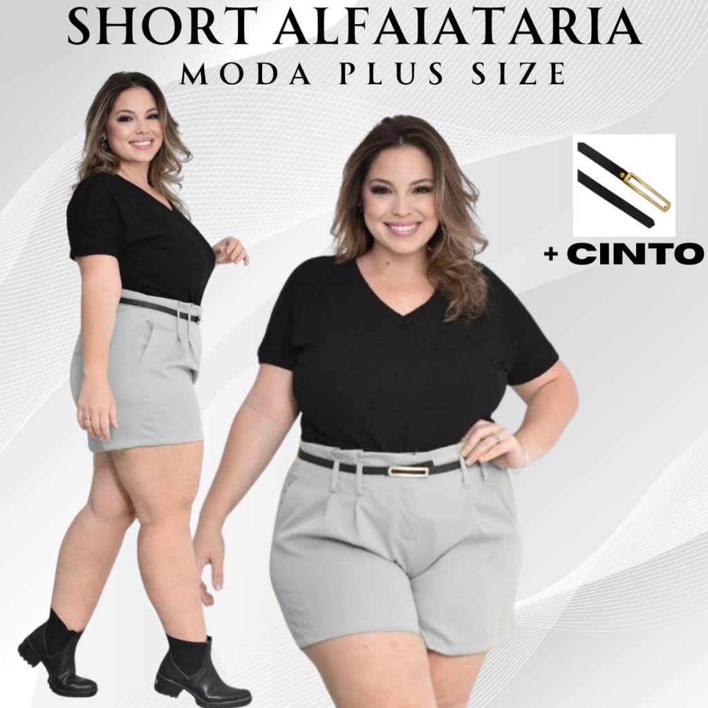 Short Feminino Social Plus size Alfaiataria com Cinto Cintura Alta e Bolso Embutido Fechamento em Ziper versatil