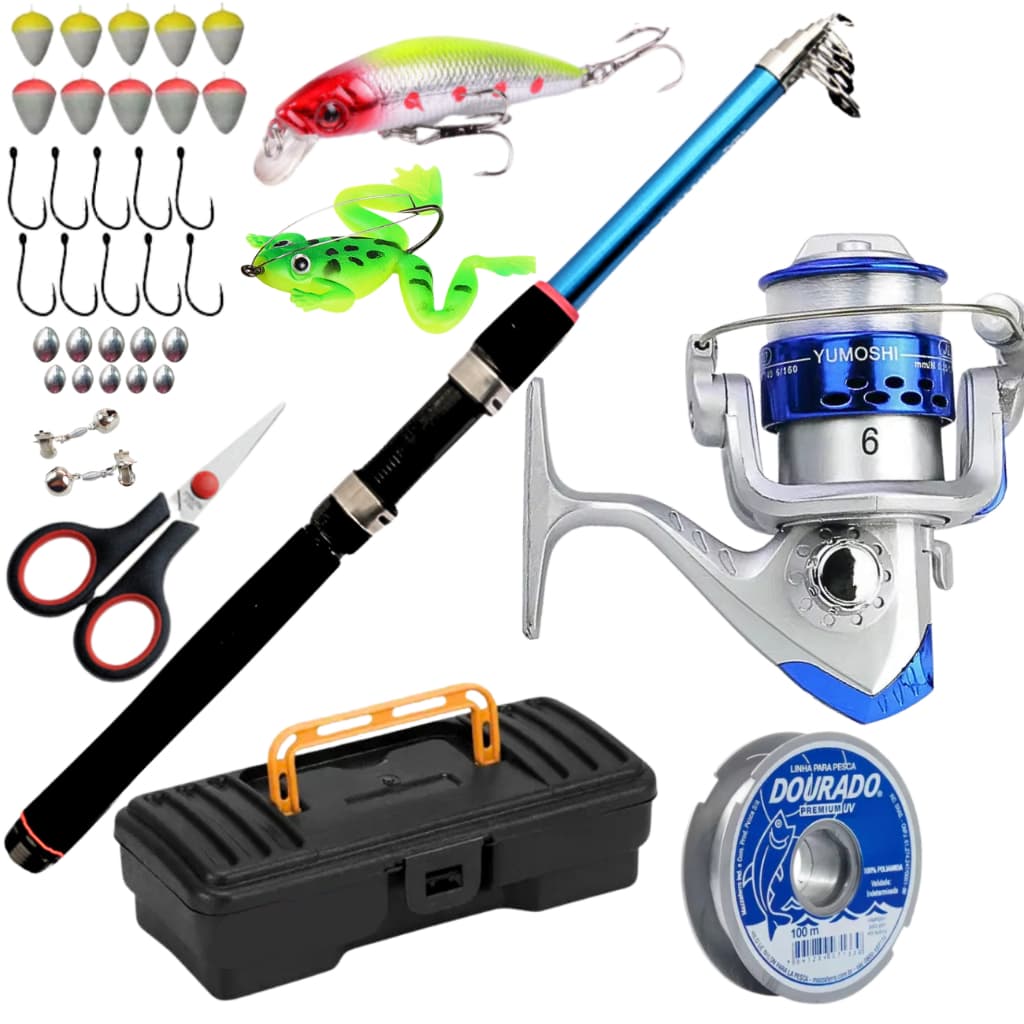 Kit Molinete E Vara de Pesca Telescópica 1,80 Metros Anzol Pesca Linha Monofilamento Isca Artificial