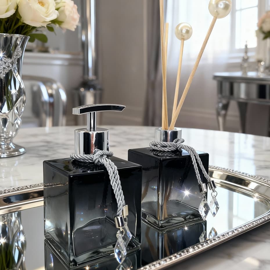 Kit Lavabo Aromatizador Ambiente Dispenser Sabonete Líquido Bandeja Espelhada Cristal Decorativa Top