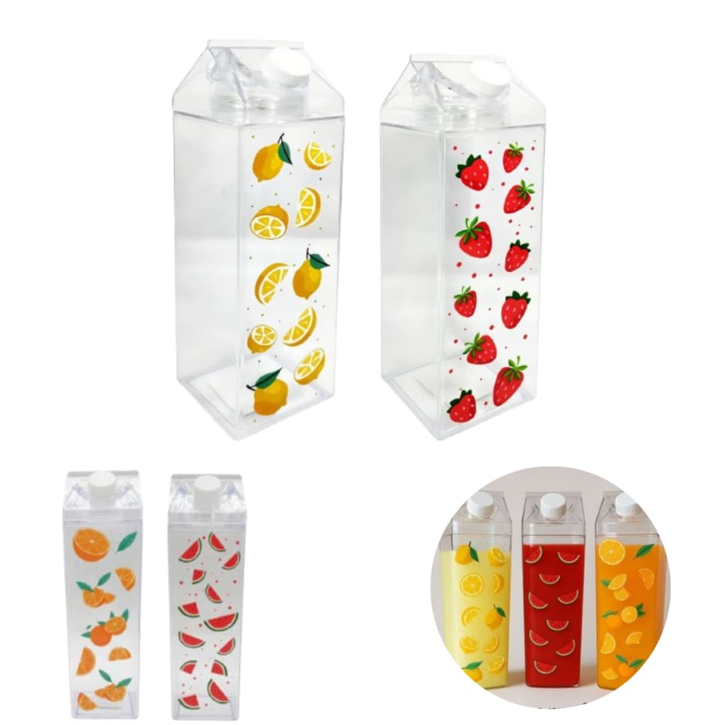 Kit 2 Garrafinhas Desenho Fruta Organizador Geladeira Suco Chá Leite Cozinha Acrilico