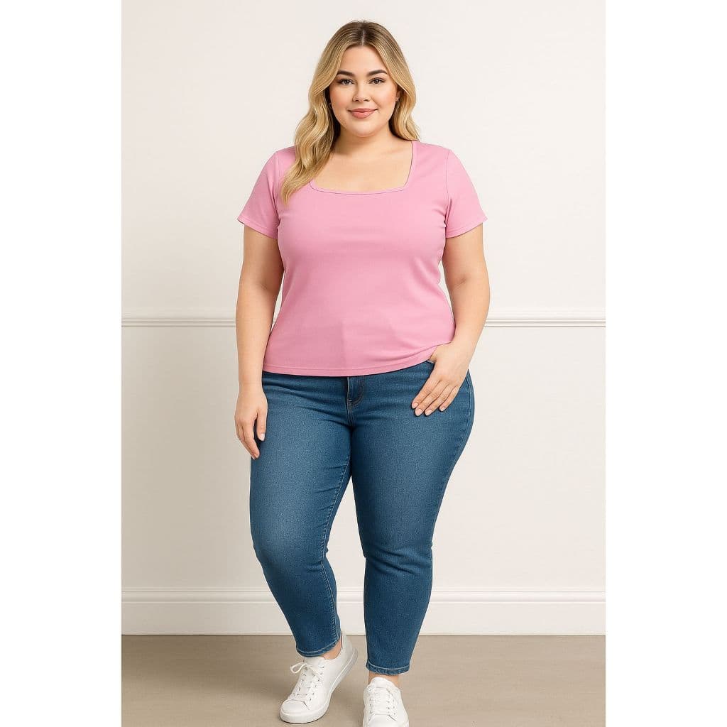 Kit 3 Blusas Básicas Suplex Decote Quadrado plus size  Manga Curta Forrada