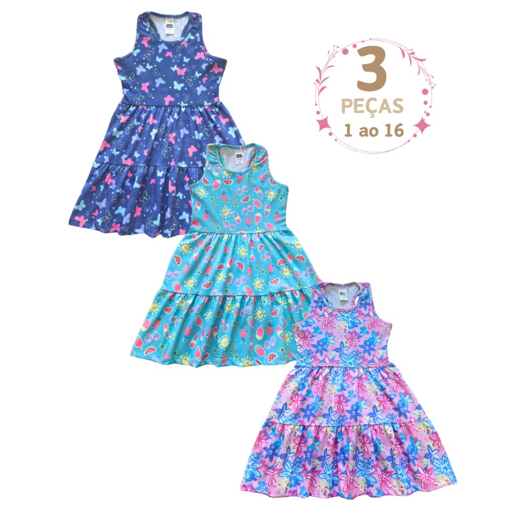 Kit 3 Vestido Infantil Juvenil Regata Nadador Verão Rodado De Calor Midi