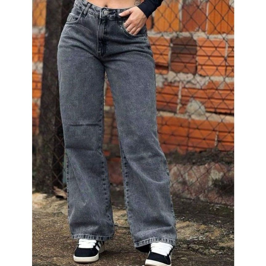 Wide leg jeans grafite Lisa, qualidade Premium, cintura alta, veste bem.