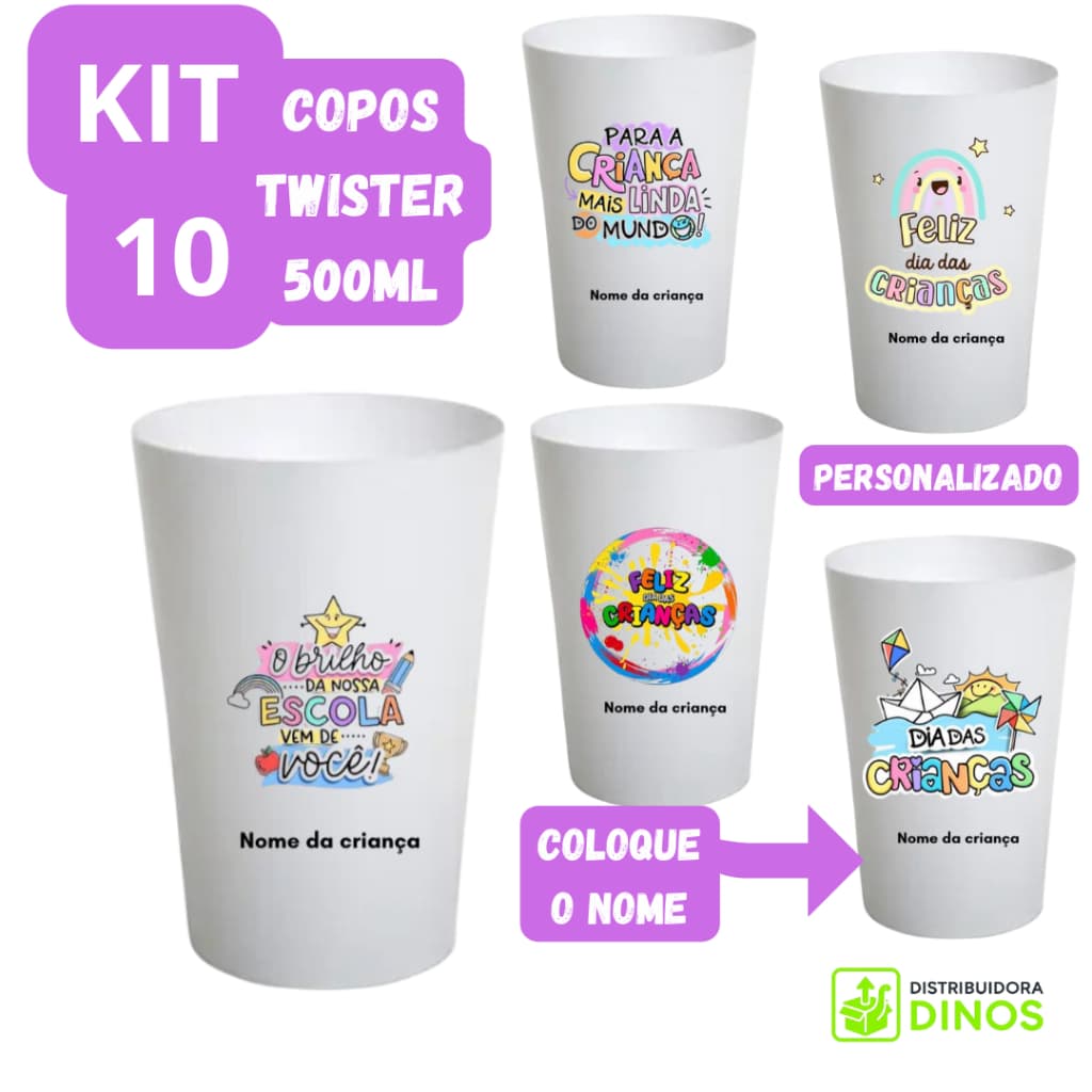 Kit 10 Copos Twister Personalizados Dia das Crianças 500ml Com Arte Frente e Impressão Direta Personalizado com Nome