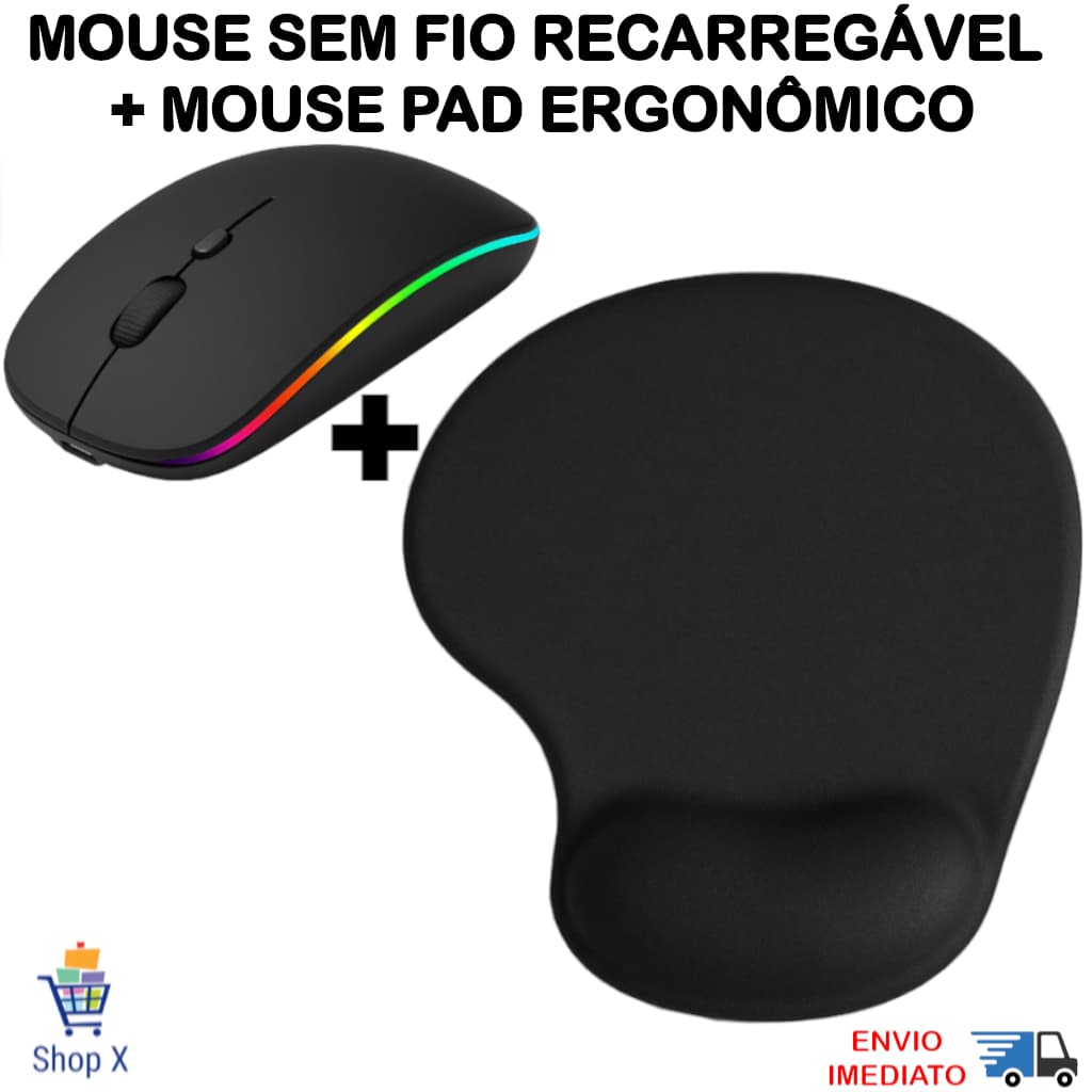 Kit Mouse Sem Fio Recarregável e Mousepad Ergonômico Com Apoio De Pulso