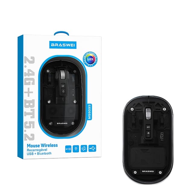 Mouse Sem Fio Bluetooth 5.2 2.4G Recarregável com LED Colorido Silencioso Portátil USB Braswei