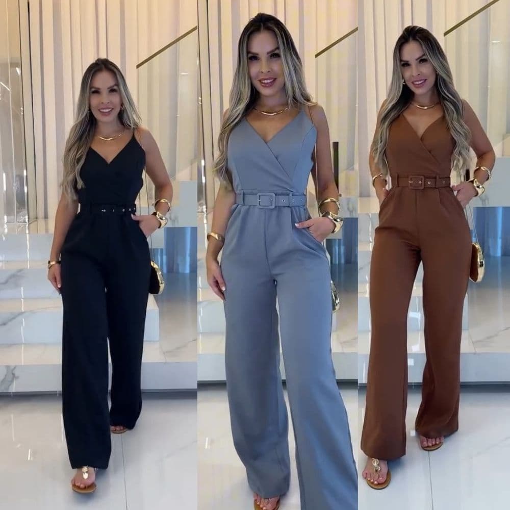 Macacão Longo Feminino Alfaiataria com Cinto Premium Moda Verão