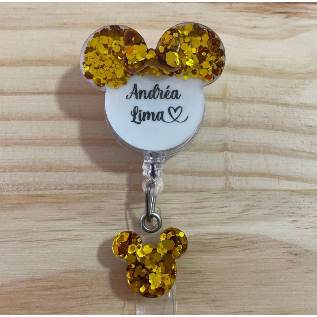 Porta Crachá Personalizado - Glitter Estilo Minnie - Resina e Exclusividade para Seu Crachá!