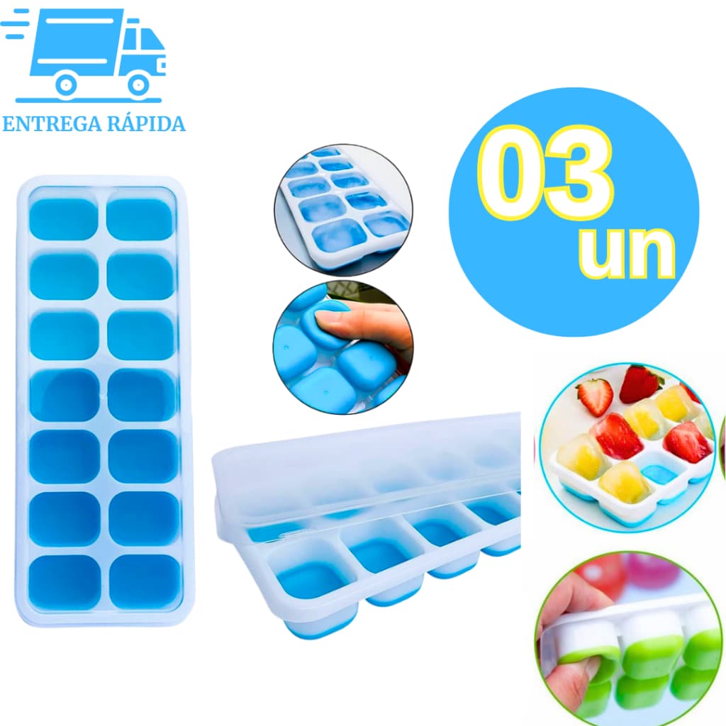 Kit 3 Formas de Gelo com Tampa Rígida Flexível Resistente Fundo Silicone 14 Cubos Multiuso Top1
