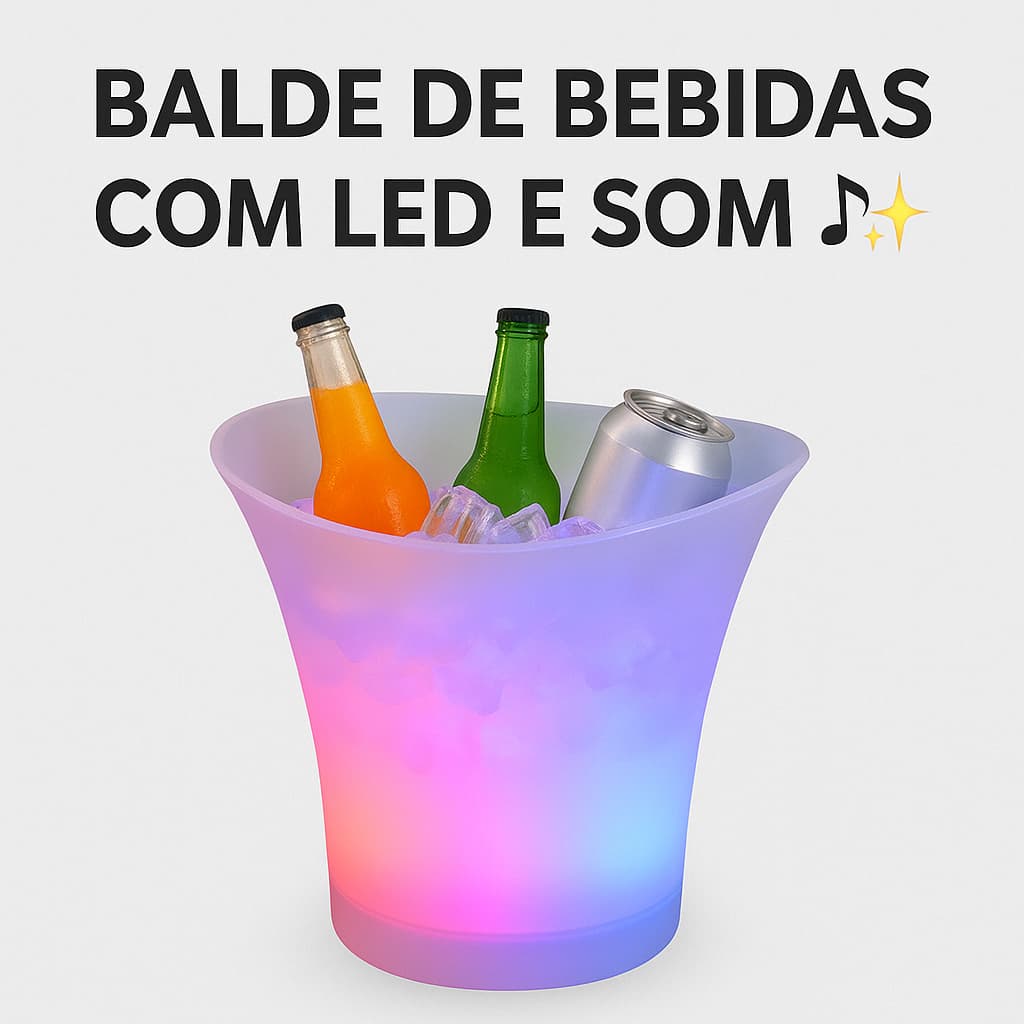 Balde para Gelo e Bebidas com Luz LED Colorida e Som Bluetooth – Festa e Eventos – Branco