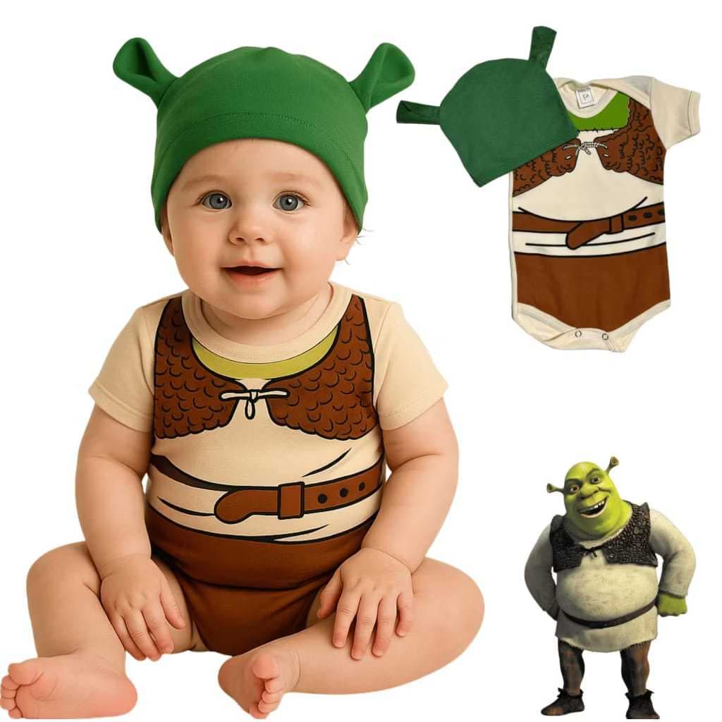 Body do Shrek Bebe Bori + Touca Fiona Temático de Mesversario
