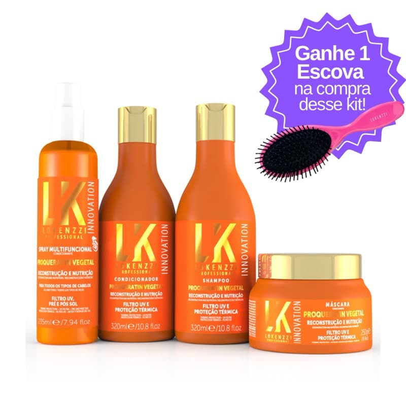 Lokenzzi Proqueratin Vegetal Kit Completo 4 itens Protetor Térmico UV + 1 Escova