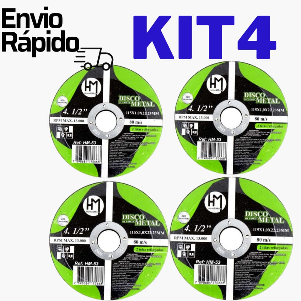 Kit 4 Discos de Corte Profissional 4.1/2 Para Ferro, Inox e Metal Reforçado