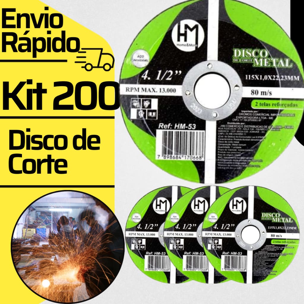 Kit Profissional 200 Discos de Corte 4.1/2 Reforçado Para Metais e Inox