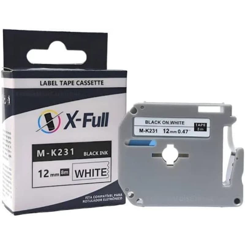 KIT 10 Fita X-Full M-K231 MK-231 MK231 12mm x 8m Branco/Preto Compatível com Brother PT-80 PT-70 PT-M95 PT-45 PT-100