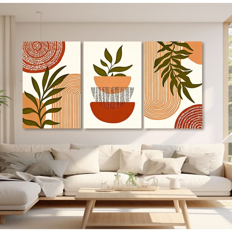 Quadros Decorativos 3 Peças  De PlantasGeométricas Tons De Laranja QuadroDecorativos Quarto