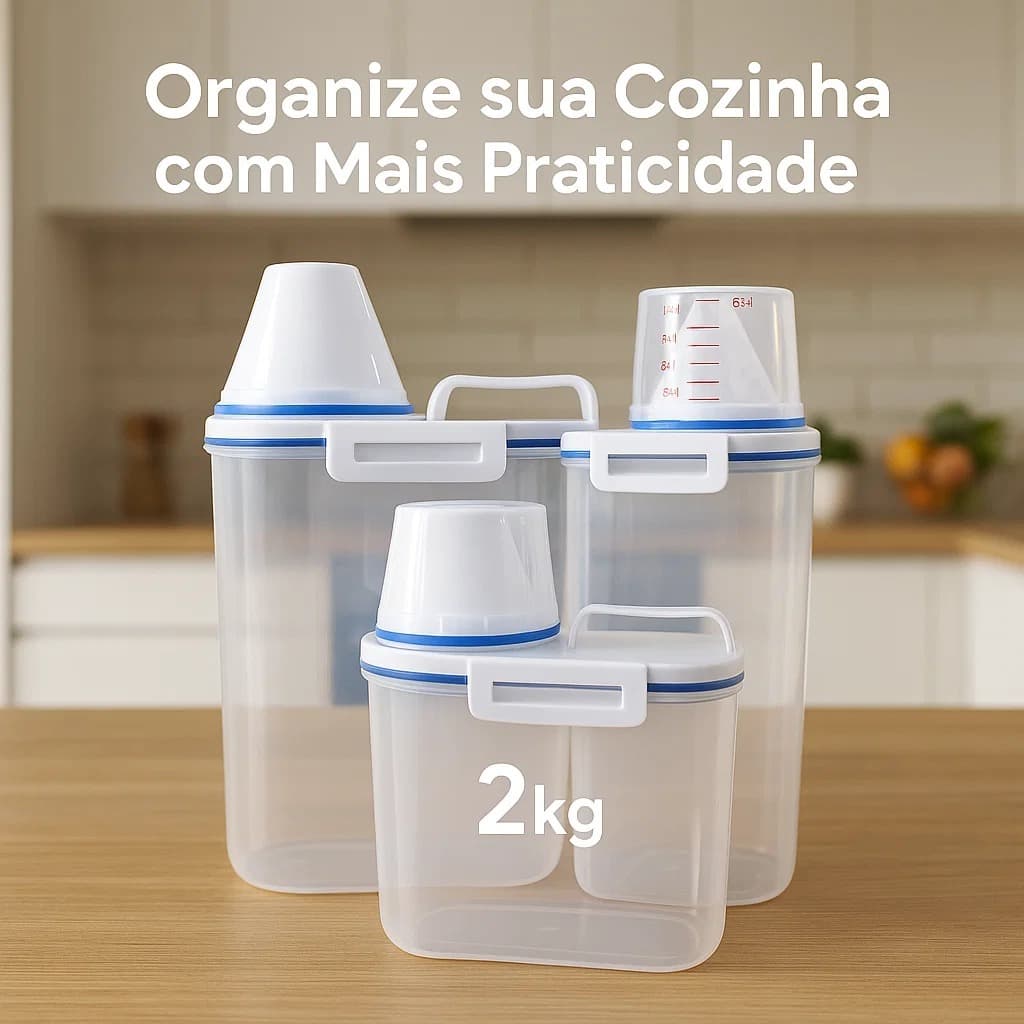 Kit 3 Potes Hermético Multiuso Dosador 2kg Plástico BPA Free Multiuso Cozinha Grãos Farinhas Alimentos Transparente