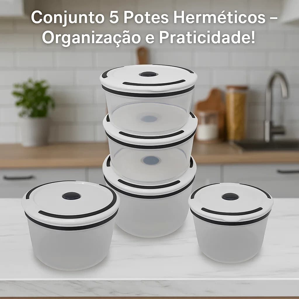 Conjunto Kit 5 Potes Herméticos de Plástico Tampa Transparente Organizador Alimentos Cozinha Vedação BPA Free Grãos