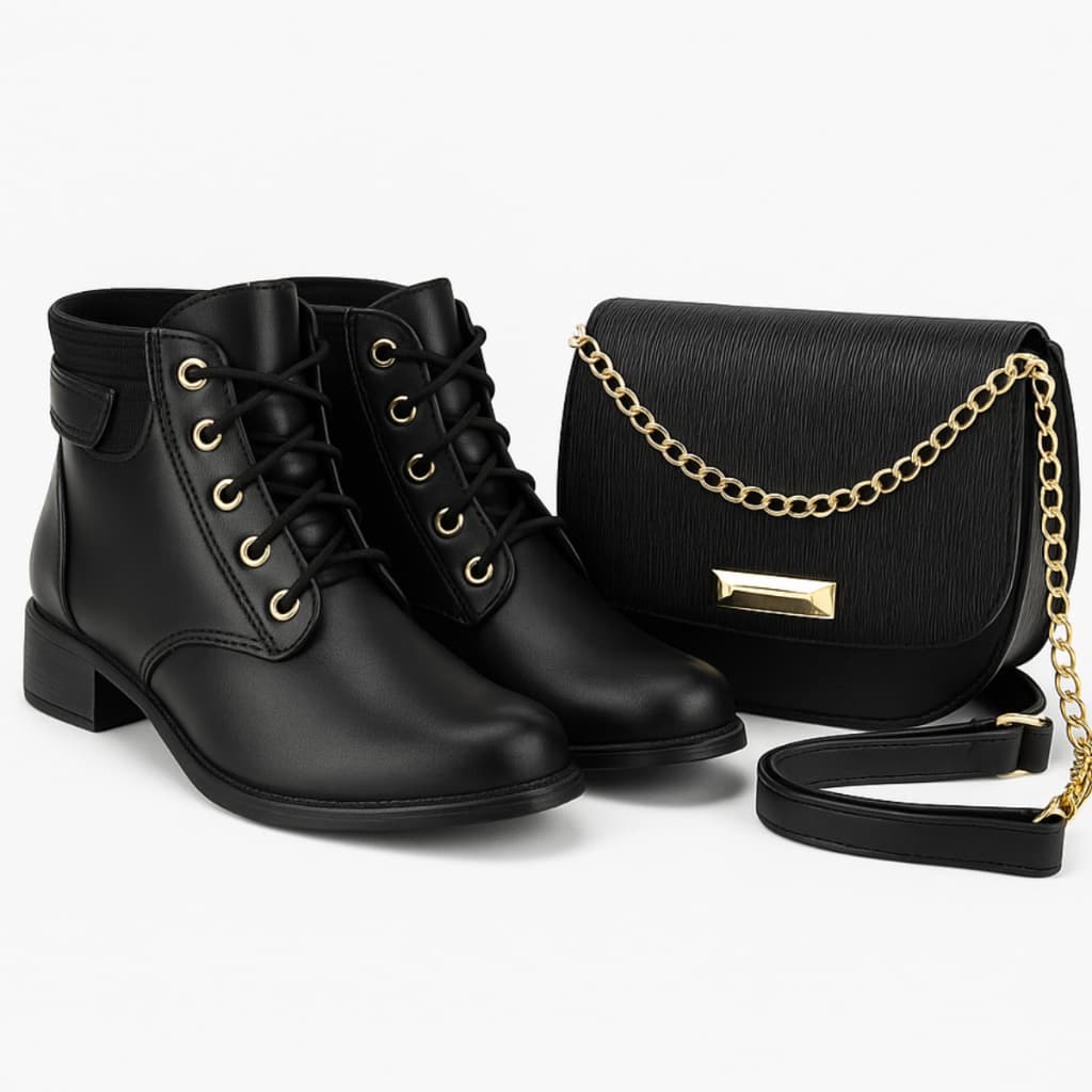Kit Bota Coturno Feminina Blogueira Estilo Montaria + Bolsa Feminina Cano Curto Bico Redondo