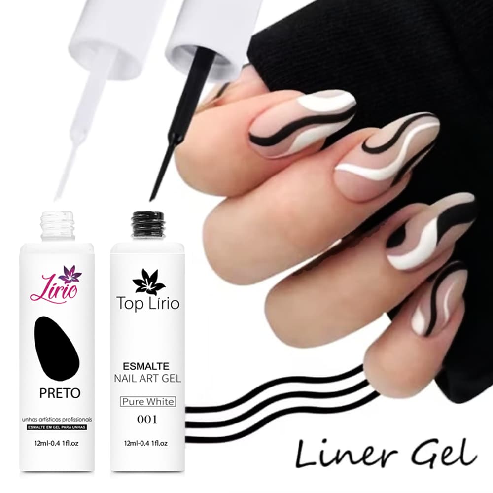 Kit 2 Esmaltes Em Gel Ponta Fina Branco E Preto 12ml - LIRIO