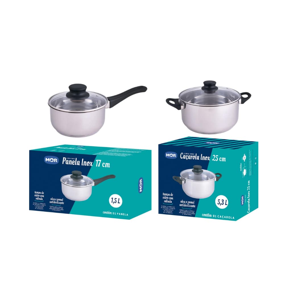 Kit Panela Inox 17cm + Caçarola Inox 25cm com Tampa de Vidro – Mor