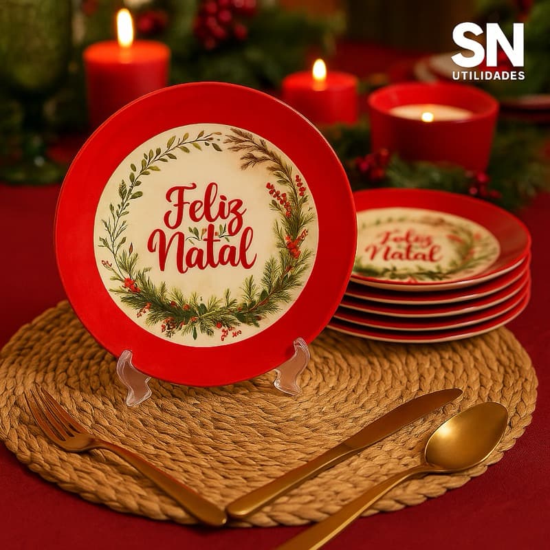 Kit 6 Pratos de Sobremesa Natalinos 17,5cm Prato Guirlanda Feliz Natal Decorativos
