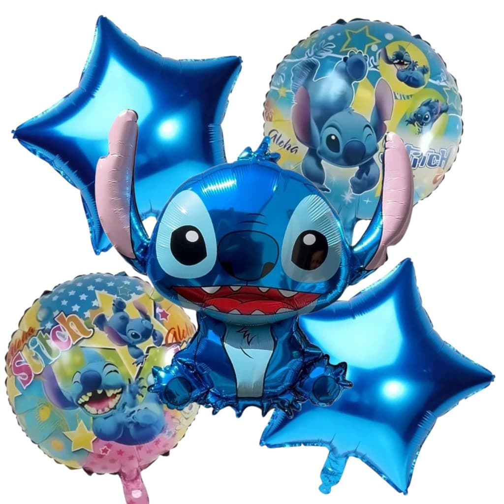 Kit Decoração Festa 5 Pçs Balão Metalizado Stitch + Estrela Azul Escuro + Redondo Estampa Stitch