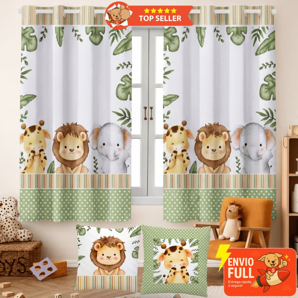 Kit Cortina Mundo Safari 2,00 x 1,50 + 2 Capas de Almofadas Decoração Quarto Baby Infantil