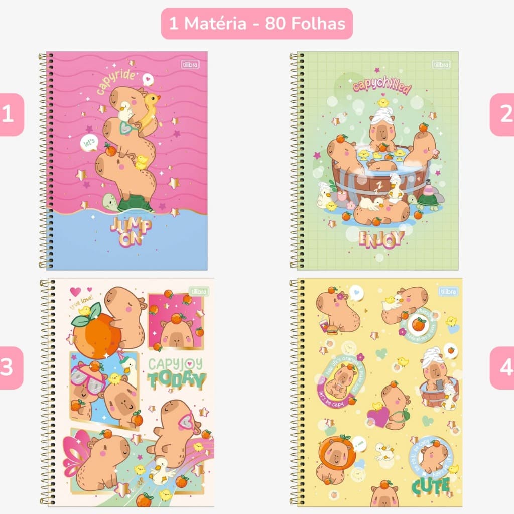 Caderno Univ. Tilibra Capy Club 1 Matéria 80 Folhas Capa Dura Decorada Capivara
