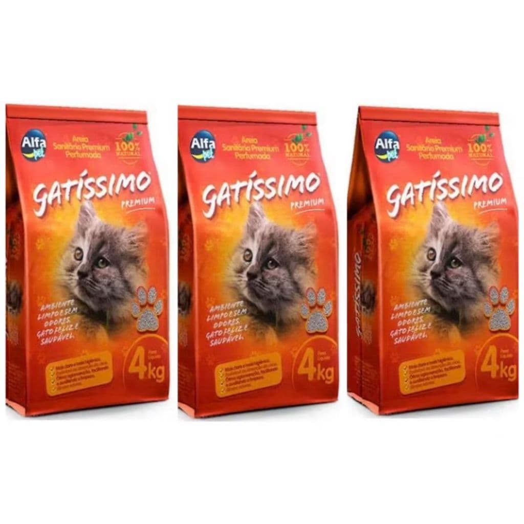 Areia Sanitária Gatíssimo Premium Alfa Pet 4Kg Kit com 3 UN Alta Absorção e Controle de Odores para Gatos e Pequeno