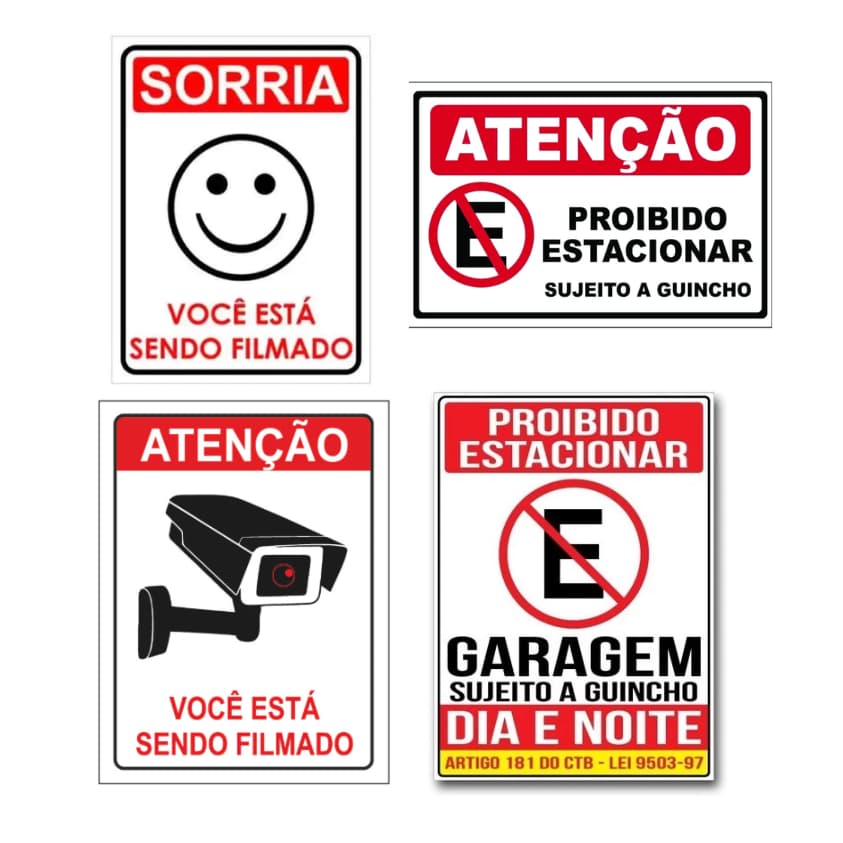 PLACA SINALIZAÇÃO - SORRIA VOCÊ ESTÁ SENDO FILMADO - PROIBIDO ESTACIONAR GARAGEM