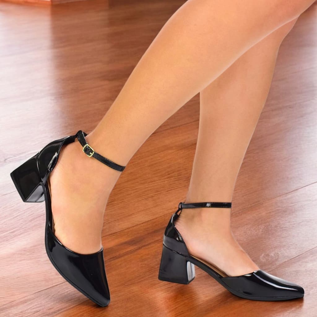 Sandália Feminina Scarpin Bico Fino Aberto Salto Alto Social Trabalho Casamento Verniz Elegante Brilhante Escritório