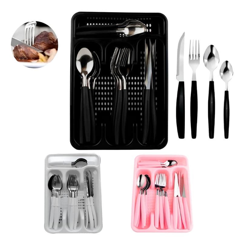 Jogo De Talheres inox Faqueiro Porta Talher Com 25 ou 17 Peças Preto Branco E Rosa Oliver Home