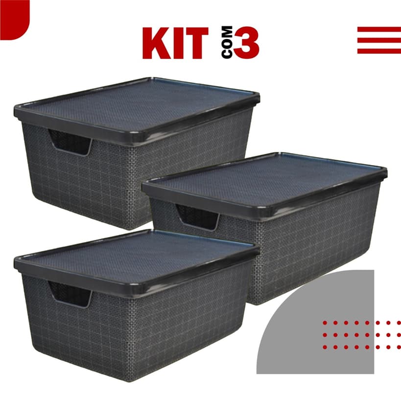 Kit 3 Caixa Organizadora Jutta Preto 16 Litros Cesto Organizador Gavetas Guarda-Roupas Armario Brinquedos