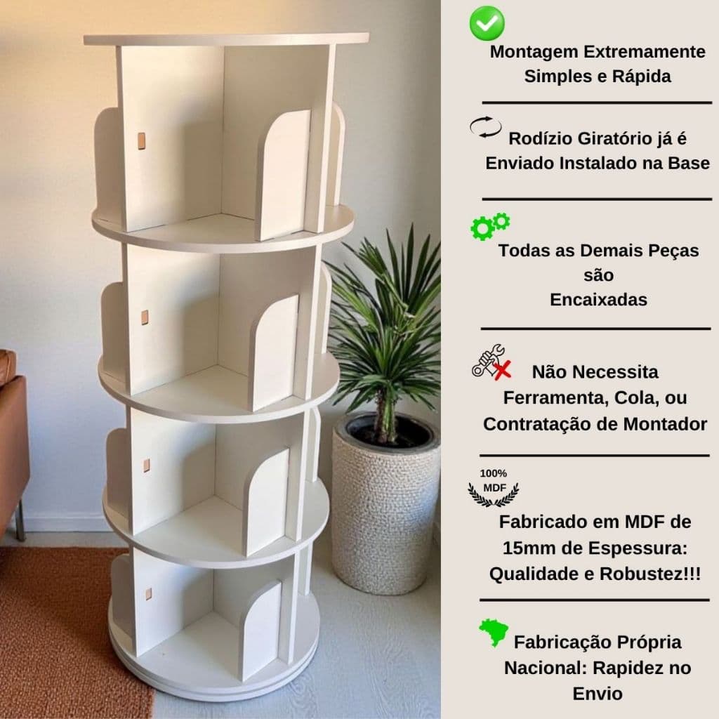 Prateleira 200 Livros Estante Giratória Organizador Rotatório MDF 1.30m