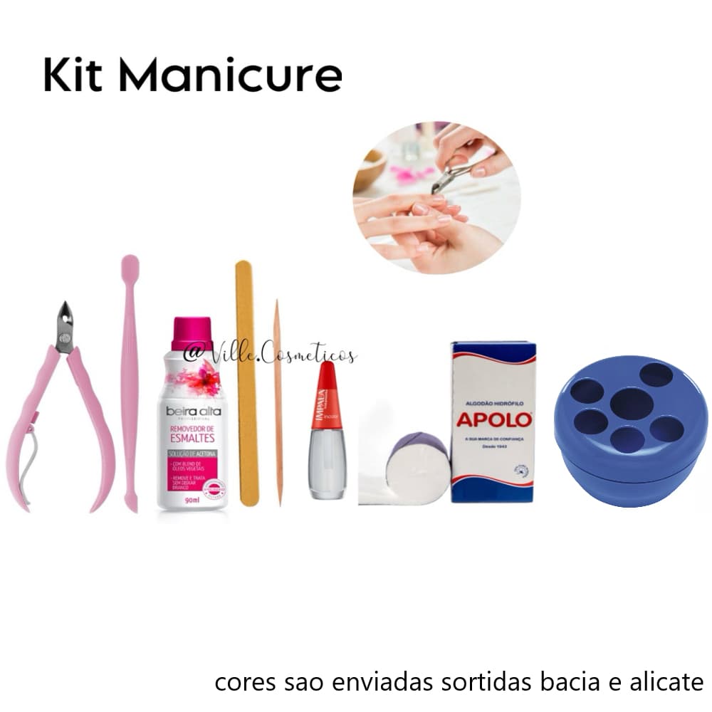 Kit Fazer unhas 8 produtos ( Alicate, espátula , Algodão, Acetona , Base , Palito e Lixa e Bacia Mão ) Kit 8