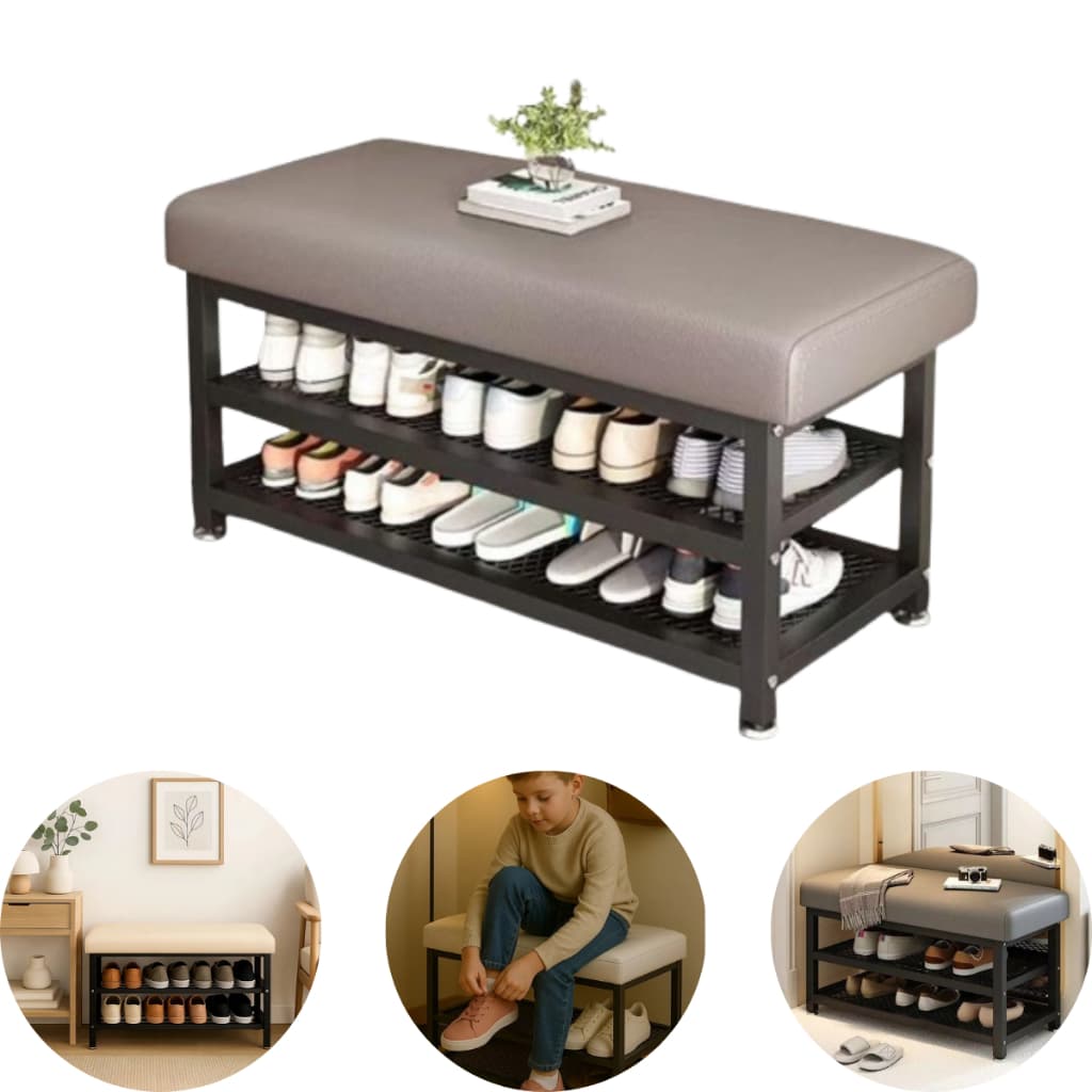Banqueta Com Sapateira 2 Prateleiras Metal Organizador Calçado Tenis 6 Pés Quarto Closet
