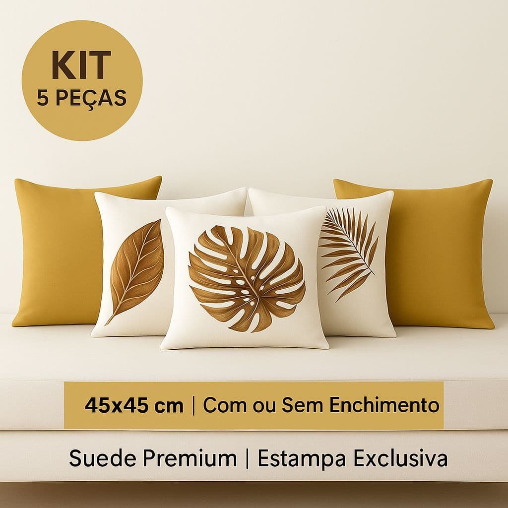 Kit 5 Almofadas 45x45cm Suede Premium | Estilo Boho Chic | Mostarda Dourado Luxo | Estampa Folhas Exclusiva