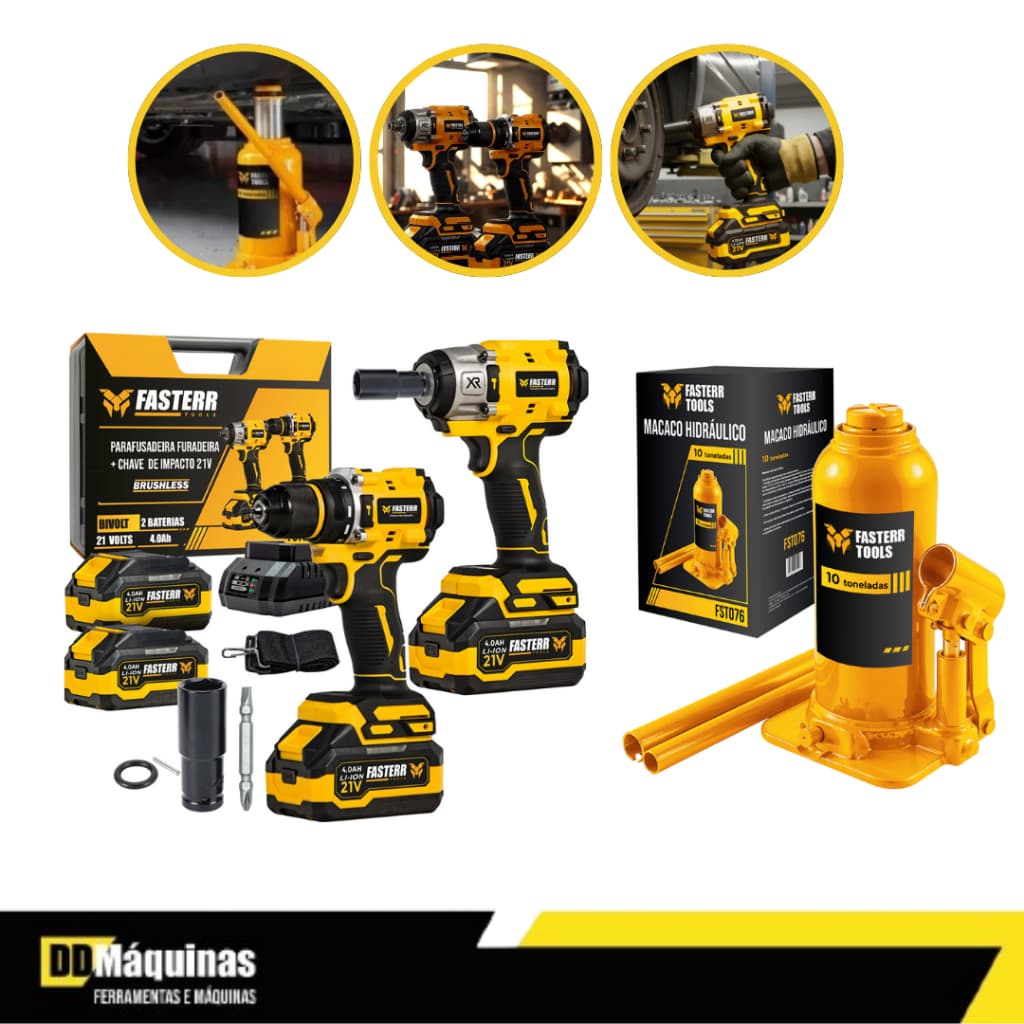 Kit Oficina Furadeira Parafusadeira XR  Brushless  21V + Macaco Hidráulico 10T - Fasterr
